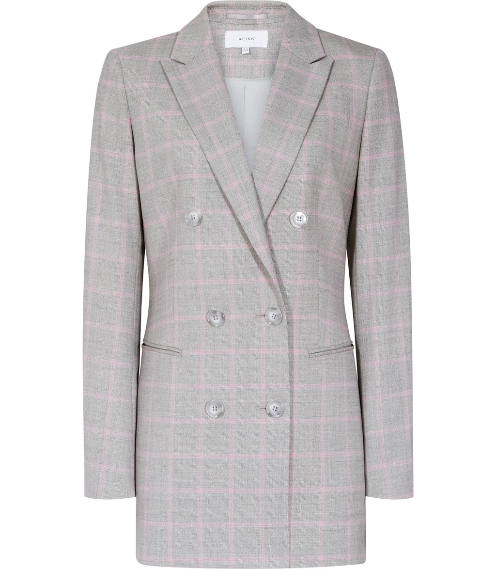 Marina Jacket Womens Double Breasted Blazer In Pink - pattern: checked/gingham; length: below the bottom; collar: standard lapel/rever collar; predominant colour: light grey; occasions: work; fit: tailored/fitted; fibres: wool - mix; style: double breasted tuxedo; sleeve length: long sleeve; sleeve style: standard; collar break: medium; pattern type: fabric; pattern size: standard; texture group: woven light midweight; season: s/s 2016; wardrobe: investment