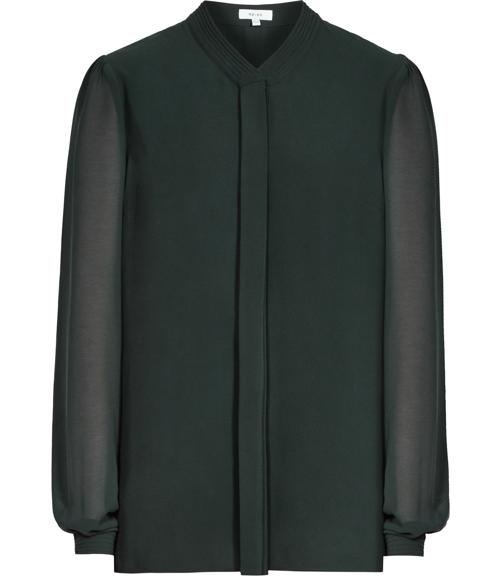 Quinn Womens Plisse Detail Blouse In Green - neckline: shirt collar/peter pan/zip with opening; pattern: plain; style: blouse; predominant colour: dark green; occasions: work; length: standard; fibres: polyester/polyamide - 100%; fit: straight cut; sleeve length: long sleeve; sleeve style: standard; texture group: sheer fabrics/chiffon/organza etc.; pattern type: fabric; season: s/s 2016; wardrobe: highlight