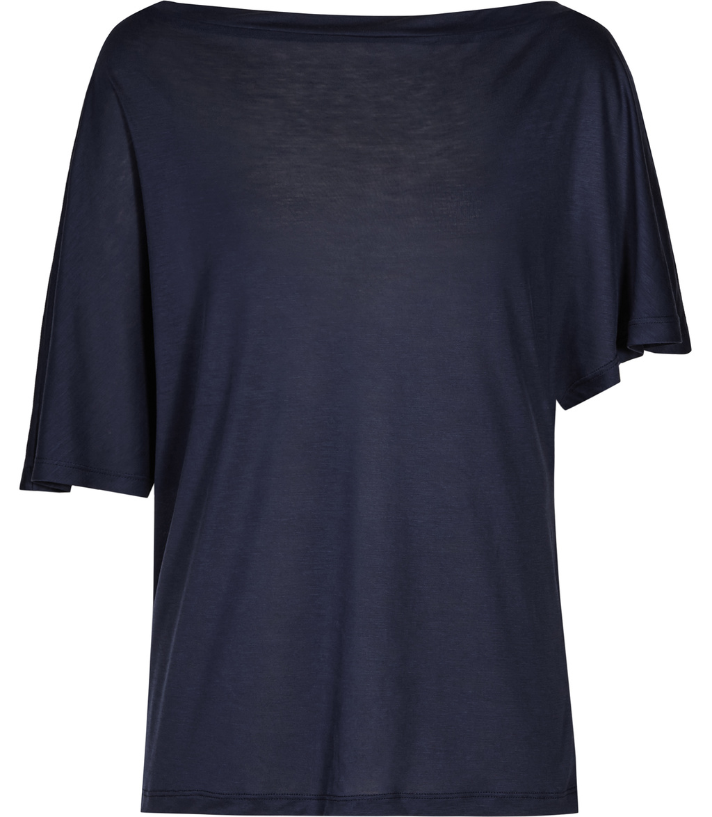 Echo Womens Draped Jersey Top In Blue - neckline: slash/boat neckline; pattern: plain; sleeve style: asymmetric sleeve; length: below the bottom; predominant colour: navy; occasions: casual, creative work; style: top; fibres: cotton - stretch; fit: body skimming; sleeve length: half sleeve; pattern type: fabric; texture group: jersey - stretchy/drapey; season: s/s 2016; wardrobe: basic