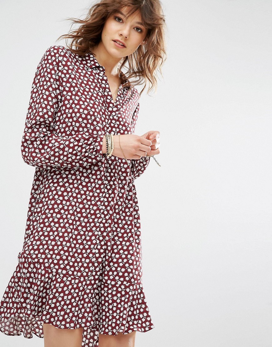 Viscose Dress With Peplum Hem Red - style: shirt; length: mid thigh; neckline: shirt collar/peter pan/zip with opening; fit: loose; secondary colour: white; predominant colour: burgundy; occasions: casual, creative work; fibres: polyester/polyamide - 100%; sleeve length: long sleeve; sleeve style: standard; pattern type: fabric; pattern size: standard; pattern: florals; texture group: woven light midweight; season: s/s 2016; wardrobe: highlight