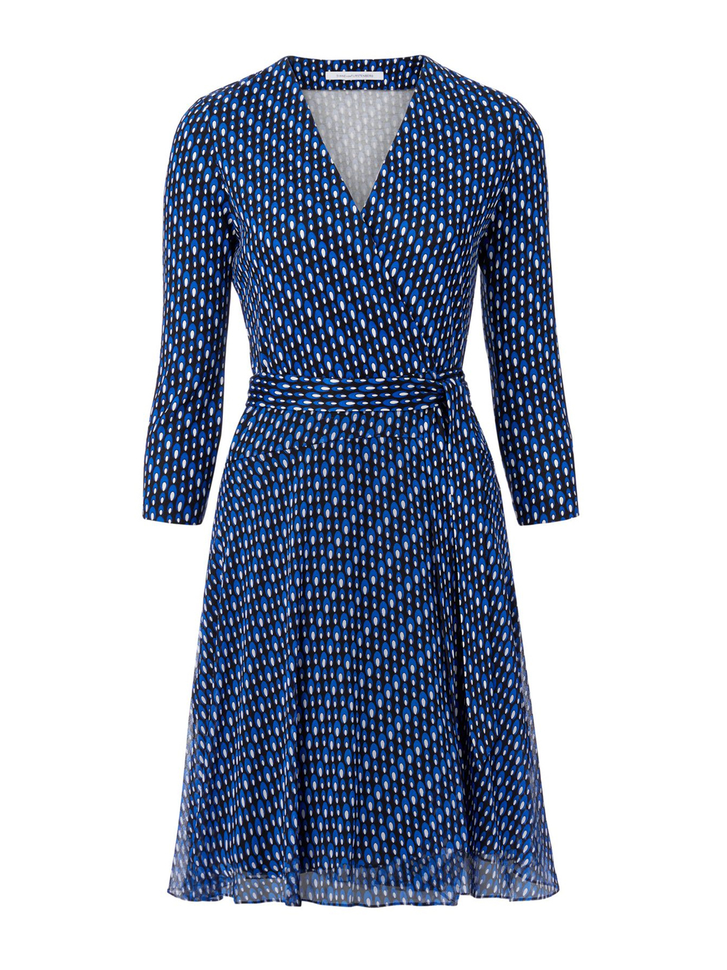 Irina Dress - style: faux wrap/wrap; neckline: v-neck; waist detail: belted waist/tie at waist/drawstring; secondary colour: pale blue; predominant colour: navy; occasions: evening; length: just above the knee; fit: body skimming; fibres: silk - 100%; sleeve length: 3/4 length; sleeve style: standard; texture group: sheer fabrics/chiffon/organza etc.; pattern type: fabric; pattern: patterned/print; multicoloured: multicoloured; season: s/s 2016; wardrobe: event