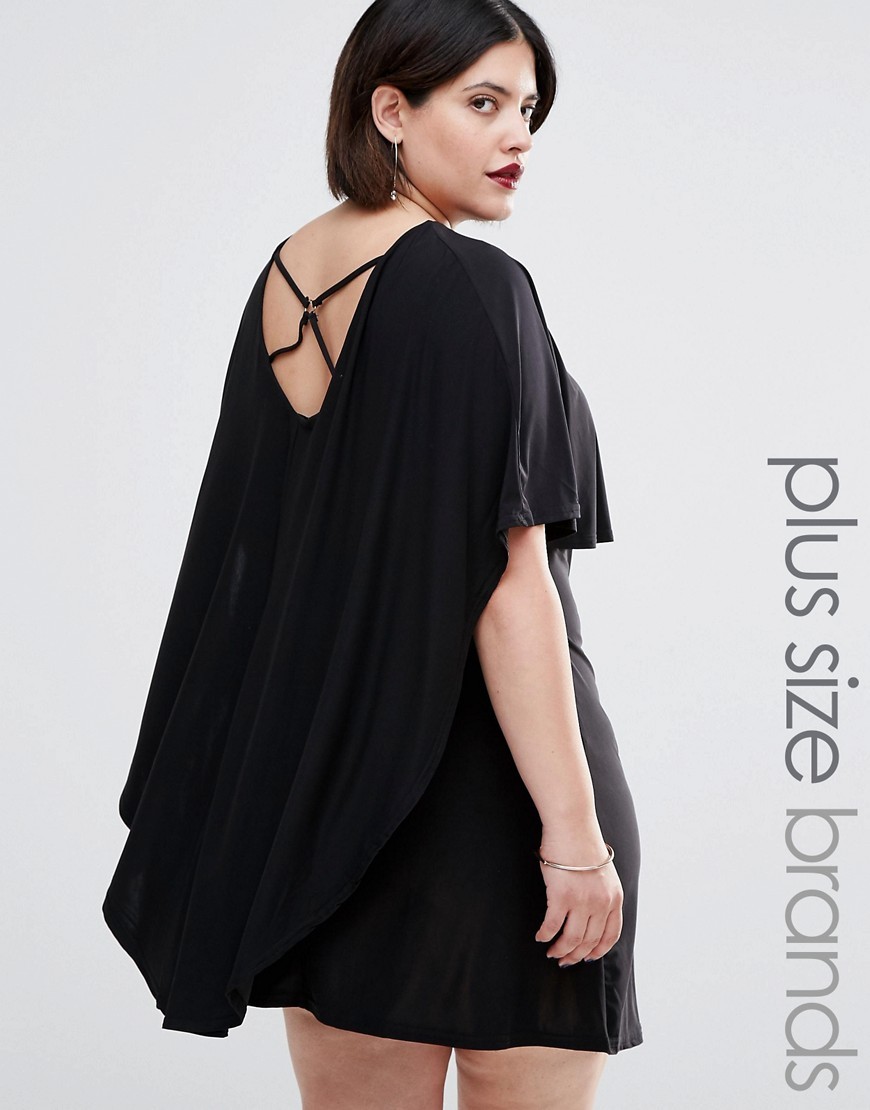Plus Dress With Cape Detail And Harness Back Black - style: smock; length: mid thigh; neckline: round neck; sleeve style: angel/waterfall; fit: loose; pattern: plain; predominant colour: black; occasions: evening; fibres: polyester/polyamide - stretch; back detail: crossover; sleeve length: half sleeve; pattern type: fabric; texture group: jersey - stretchy/drapey; season: s/s 2016; wardrobe: event