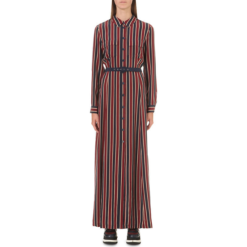 Donaldson Silk Shirt Dress, Women's, Size: Medium, Cabernet Stripe - style: shirt; neckline: shirt collar/peter pan/zip with opening; pattern: vertical stripes; length: ankle length; waist detail: belted waist/tie at waist/drawstring; predominant colour: burgundy; secondary colour: black; occasions: evening; fit: body skimming; fibres: silk - 100%; sleeve length: long sleeve; sleeve style: standard; pattern type: fabric; texture group: woven light midweight; multicoloured: multicoloured; season: s/s 2016; wardrobe: event