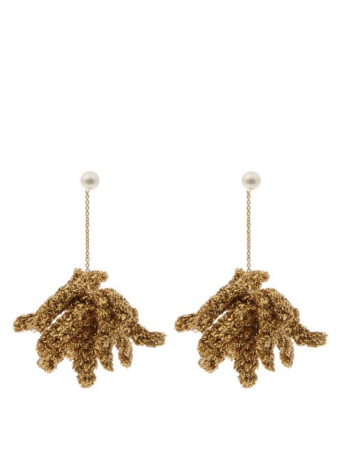 Spritz Crochet Flower And Pearl Earrings - predominant colour: gold; occasions: evening, occasion; style: drop; length: mid; size: standard; material: chain/metal; fastening: pierced; finish: metallic; embellishment: pearls; season: s/s 2016; wardrobe: event