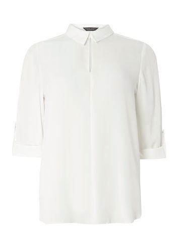 Womens Ivory Keyhole Collar Shirt White - neckline: shirt collar/peter pan/zip with opening; pattern: plain; style: shirt; predominant colour: ivory/cream; occasions: work, creative work; length: standard; fibres: polyester/polyamide - 100%; fit: straight cut; sleeve length: 3/4 length; sleeve style: standard; texture group: crepes; pattern type: fabric; season: s/s 2016; wardrobe: basic