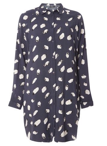 Womens **Vila Navy Smudge Spot Dress Blue - style: shirt; length: mid thigh; neckline: shirt collar/peter pan/zip with opening; secondary colour: white; predominant colour: navy; occasions: casual; fit: body skimming; fibres: polyester/polyamide - 100%; sleeve length: long sleeve; sleeve style: standard; texture group: crepes; pattern type: fabric; pattern: patterned/print; multicoloured: multicoloured; season: s/s 2016; wardrobe: highlight