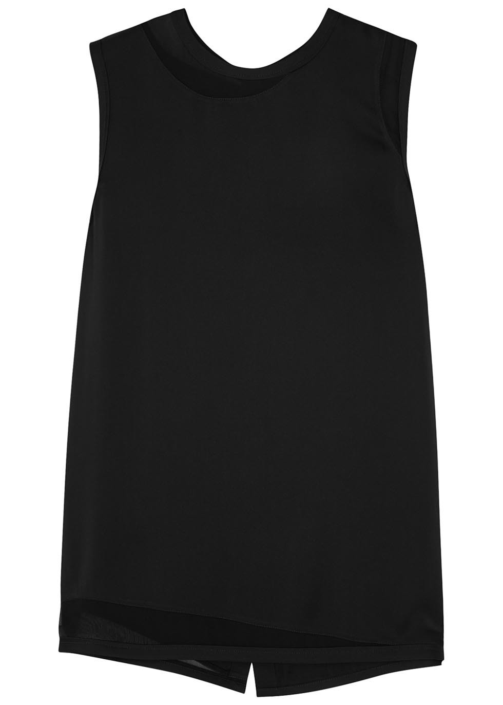 Black Satin And Georgette Top - pattern: plain; sleeve style: sleeveless; style: vest top; predominant colour: black; occasions: evening; length: standard; fibres: silk - 100%; fit: body skimming; neckline: crew; sleeve length: sleeveless; texture group: crepes; pattern type: fabric; season: s/s 2016; wardrobe: event
