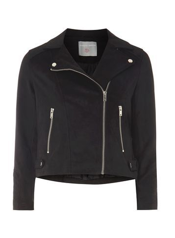 Womens Petite Suedette Biker Jacket Black - pattern: plain; style: biker; collar: asymmetric biker; predominant colour: black; occasions: casual, creative work; fit: tailored/fitted; fibres: polyester/polyamide - stretch; sleeve length: long sleeve; sleeve style: standard; collar break: medium; pattern type: fabric; texture group: suede; length: cropped; season: s/s 2016; wardrobe: basic