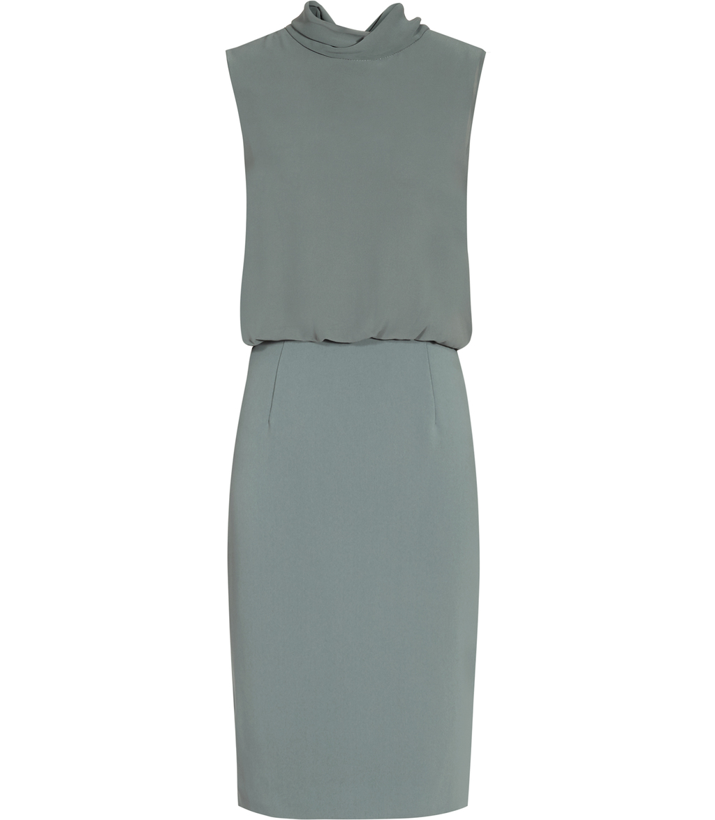 Angela Womens High Neck Dress In Green - style: shift; pattern: plain; sleeve style: sleeveless; neckline: high neck; predominant colour: khaki; occasions: evening; length: just above the knee; fit: body skimming; fibres: polyester/polyamide - 100%; sleeve length: sleeveless; pattern type: fabric; texture group: jersey - stretchy/drapey; season: a/w 2016; wardrobe: event