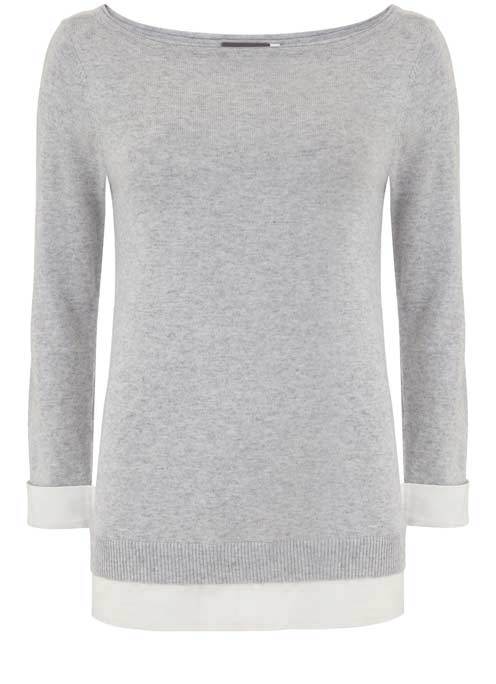 Silver Grey Layered Knit - neckline: round neck; pattern: plain; style: standard; secondary colour: white; predominant colour: light grey; occasions: casual; length: standard; fit: standard fit; sleeve length: 3/4 length; sleeve style: standard; texture group: knits/crochet; pattern type: fabric; fibres: cashmere - mix; multicoloured: multicoloured; wardrobe: investment; season: a/w 2016