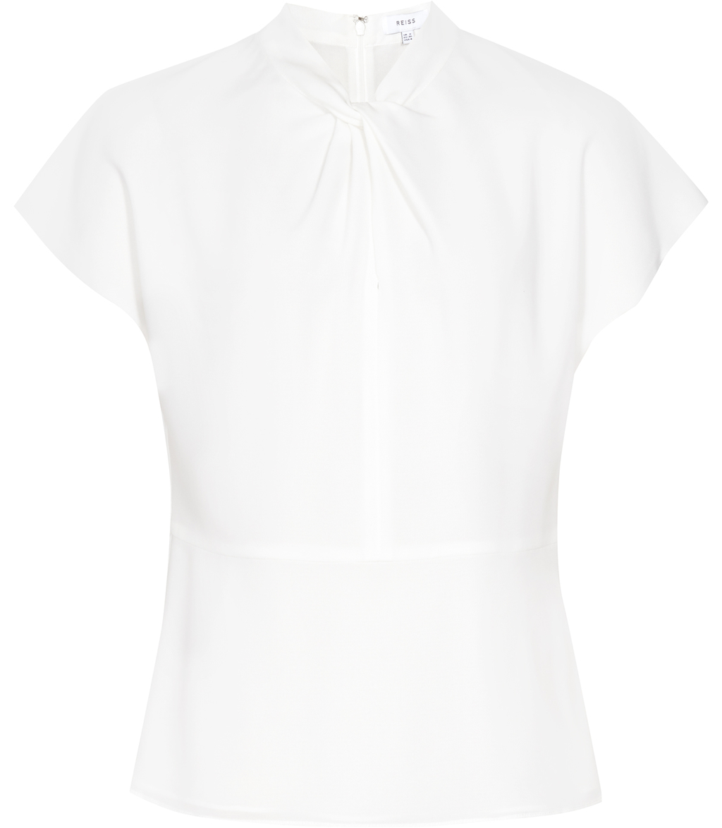 Hattie Womens Knot Detail Blouse In White - sleeve style: capped; pattern: plain; neckline: high neck; style: blouse; predominant colour: ivory/cream; occasions: work; length: standard; fibres: polyester/polyamide - 100%; fit: straight cut; sleeve length: short sleeve; texture group: crepes; pattern type: fabric; wardrobe: basic; season: a/w 2016