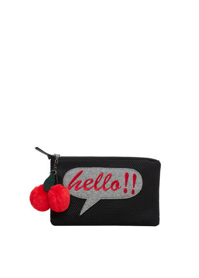 Decorative Patch Clutch - secondary colour: true red; predominant colour: black; occasions: evening, occasion; type of pattern: standard; style: clutch; length: hand carry; size: standard; material: fabric; pattern: plain; finish: plain; embellishment: pompom; season: a/w 2016; wardrobe: event