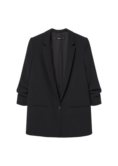 Ruched Sleeves Blazer - pattern: plain; style: single breasted blazer; collar: standard lapel/rever collar; predominant colour: black; occasions: work; length: standard; fit: tailored/fitted; fibres: cotton - 100%; sleeve length: 3/4 length; sleeve style: standard; texture group: cotton feel fabrics; collar break: low/open; pattern type: fabric; wardrobe: investment; season: a/w 2016