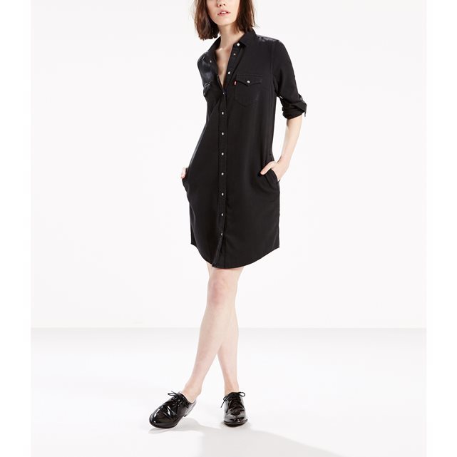 Shirt Dress - style: shirt; length: mid thigh; neckline: shirt collar/peter pan/zip with opening; pattern: plain; bust detail: subtle bust detail; predominant colour: black; occasions: casual, creative work; fit: straight cut; fibres: cotton - 100%; sleeve length: 3/4 length; sleeve style: standard; texture group: cotton feel fabrics; pattern type: fabric; wardrobe: basic; season: a/w 2016