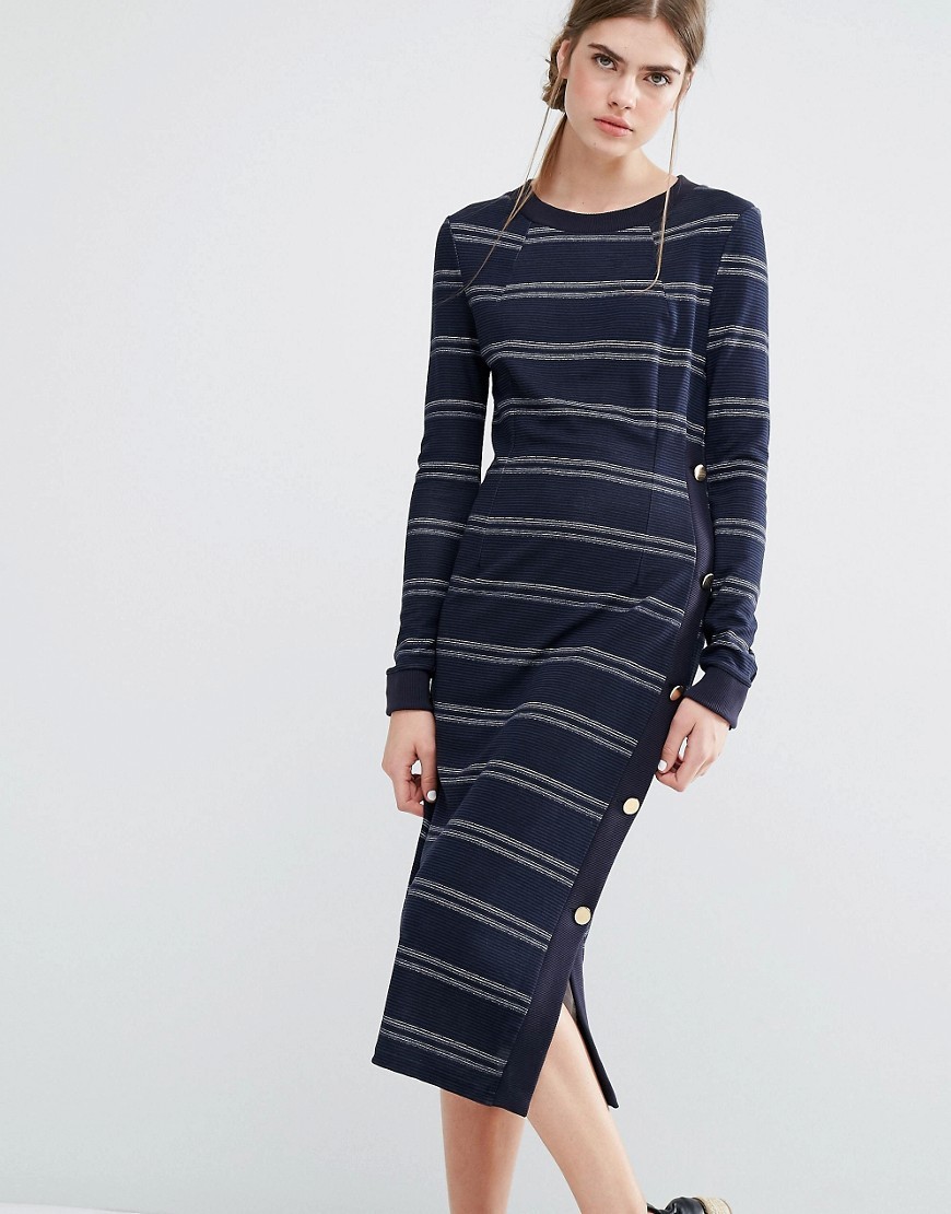 Jana Jersey Midi Dress In Stripe With Button Detail Blue - style: t-shirt; length: calf length; pattern: horizontal stripes; hip detail: draws attention to hips; predominant colour: navy; secondary colour: light grey; occasions: casual; fit: body skimming; fibres: polyester/polyamide - 100%; neckline: crew; sleeve length: long sleeve; sleeve style: standard; pattern type: fabric; texture group: jersey - stretchy/drapey; multicoloured: multicoloured; wardrobe: basic; season: a/w 2016