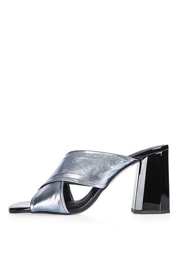 Razor Facet Heel Mules - predominant colour: silver; occasions: evening; material: leather; heel height: high; heel: block; toe: open toe/peeptoe; style: mules; finish: metallic; pattern: plain; season: a/w 2016; wardrobe: event; trends: metallics