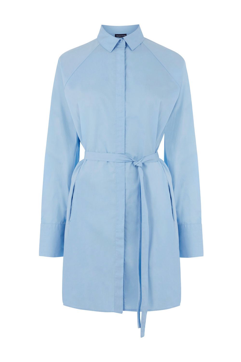 Tie Waist Shirt Dress, Light Blue - style: shirt; length: mid thigh; neckline: shirt collar/peter pan/zip with opening; pattern: plain; waist detail: belted waist/tie at waist/drawstring; predominant colour: pale blue; occasions: work; fit: body skimming; fibres: polyester/polyamide - 100%; sleeve length: long sleeve; sleeve style: standard; texture group: cotton feel fabrics; pattern type: fabric; season: a/w 2016; wardrobe: highlight
