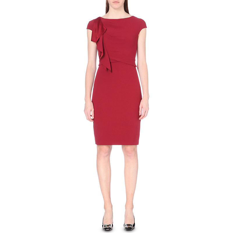 Ruffle Detail Crepe Dress, Women's, Red - style: shift; sleeve style: capped; fit: tailored/fitted; pattern: plain; predominant colour: burgundy; occasions: evening, occasion; length: just above the knee; neckline: crew; sleeve length: short sleeve; texture group: crepes; pattern type: fabric; fibres: viscose/rayon - mix; season: a/w 2016; wardrobe: event