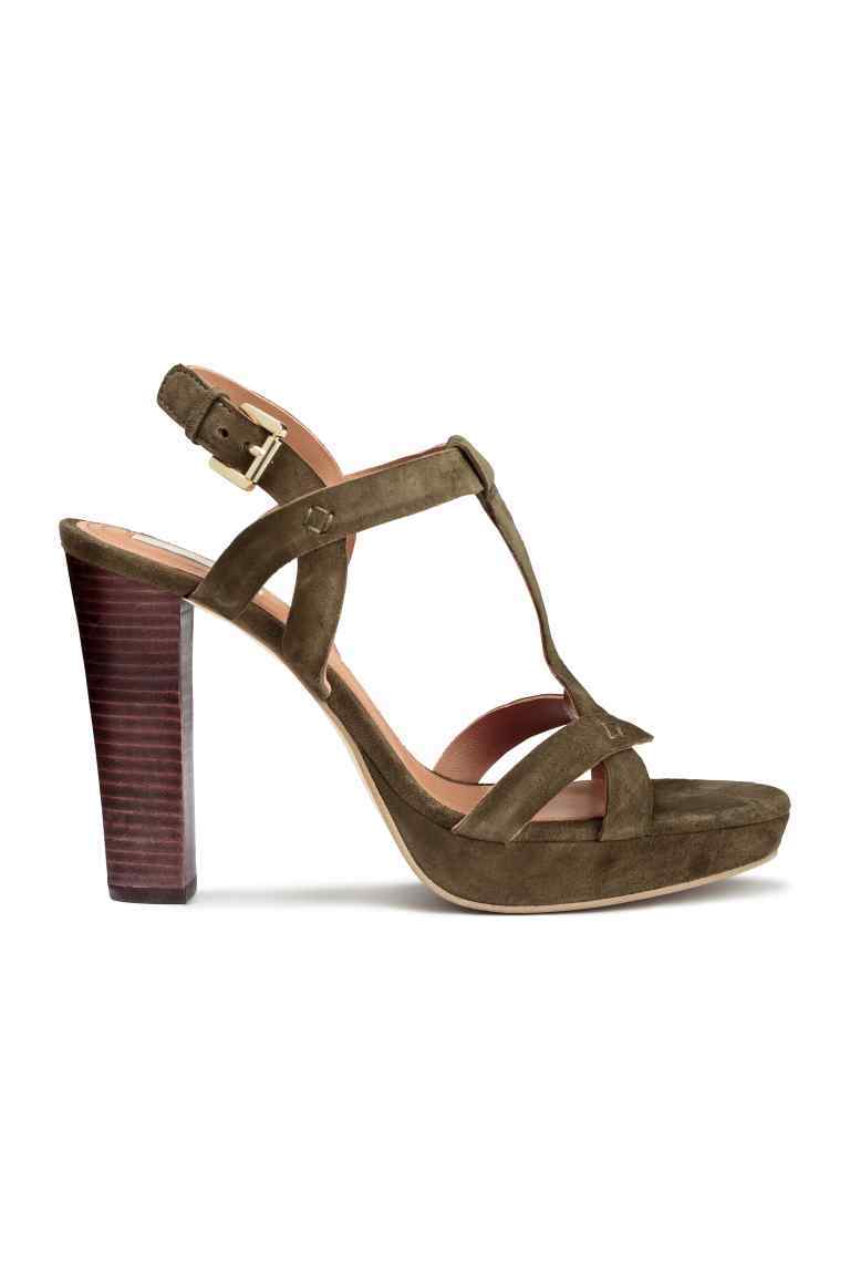 Suede Platform Sandals - predominant colour: khaki; occasions: evening, occasion; material: suede; ankle detail: ankle strap; heel: block; toe: open toe/peeptoe; style: strappy; finish: plain; pattern: colourblock; heel height: very high; shoe detail: platform; season: a/w 2016; wardrobe: event