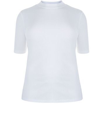 Curves White Ribbed Funnel Neck Top - pattern: plain; neckline: high neck; predominant colour: white; occasions: casual; length: standard; style: top; fibres: cotton - mix; fit: body skimming; sleeve length: short sleeve; sleeve style: standard; pattern type: fabric; texture group: jersey - stretchy/drapey; wardrobe: basic; season: a/w 2016