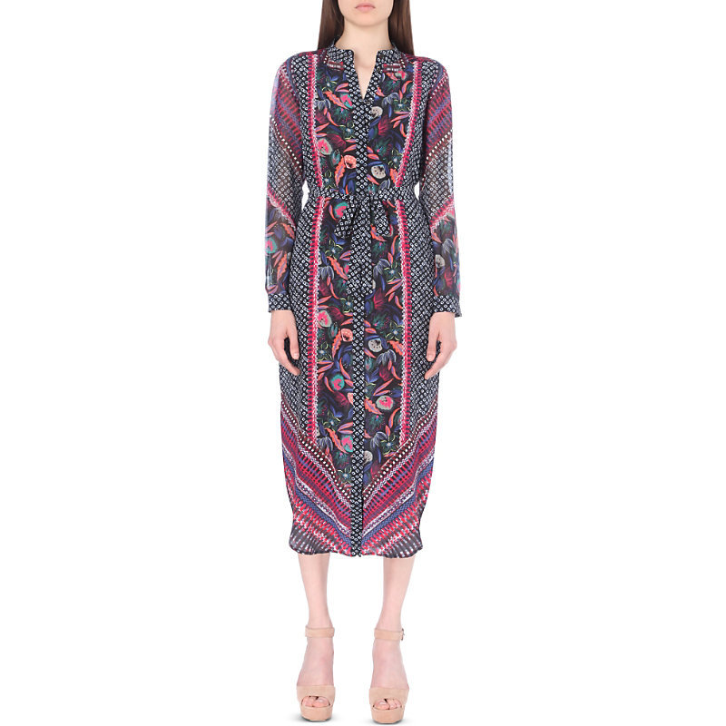 Molly Silk Maxi Dress, Women's, Eden Bandhani - style: shift; length: calf length; waist detail: belted waist/tie at waist/drawstring; secondary colour: hot pink; predominant colour: charcoal; occasions: evening; fit: body skimming; neckline: collarstand & mandarin with v-neck; fibres: silk - 100%; sleeve length: long sleeve; sleeve style: standard; texture group: silky - light; pattern type: fabric; pattern: florals; multicoloured: multicoloured; season: a/w 2016; wardrobe: event