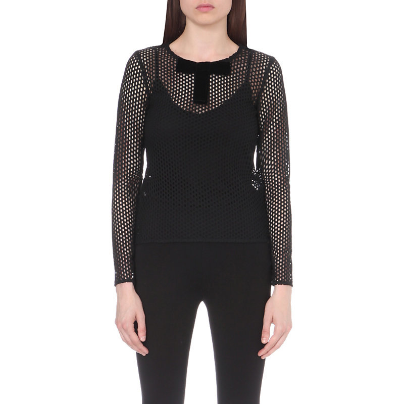 Loroso Mesh Top, Women's, Size: Small, Black - bust detail: sheer at bust; predominant colour: black; occasions: evening; length: standard; style: top; fit: body skimming; neckline: crew; sleeve length: long sleeve; sleeve style: standard; texture group: lace; pattern type: fabric; pattern: patterned/print; fibres: viscose/rayon - mix; embellishment: bow; shoulder detail: sheer at shoulder; season: a/w 2016; wardrobe: event; embellishment location: neck