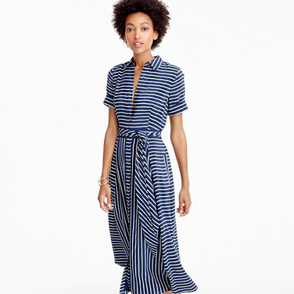 Midi Shirtdress In Stripe - style: shirt; length: calf length; neckline: shirt collar/peter pan/zip with opening; pattern: striped; waist detail: belted waist/tie at waist/drawstring; secondary colour: white; predominant colour: navy; occasions: casual; fit: body skimming; fibres: silk - 100%; sleeve length: short sleeve; sleeve style: standard; pattern type: fabric; texture group: woven light midweight; multicoloured: multicoloured; season: a/w 2016; wardrobe: highlight