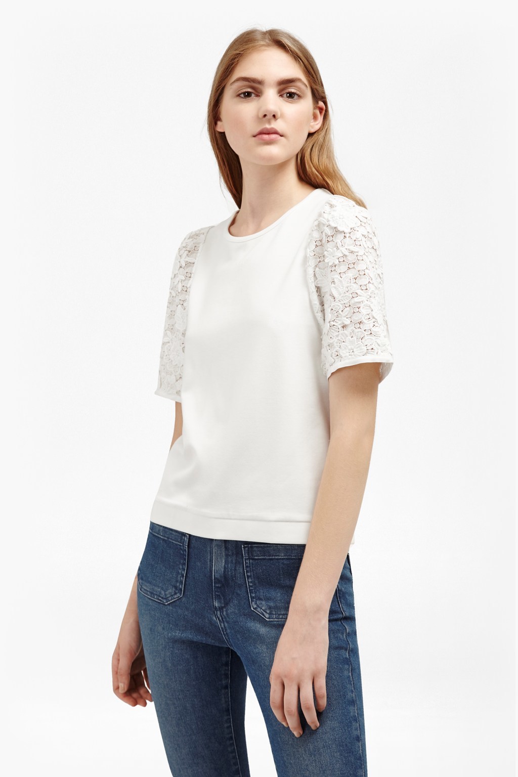 Anna Lace Sleeve Top Winter White - pattern: plain; predominant colour: white; occasions: casual; length: standard; style: top; fibres: viscose/rayon - 100%; fit: body skimming; neckline: crew; sleeve length: short sleeve; sleeve style: standard; pattern type: fabric; texture group: jersey - stretchy/drapey; embellishment: lace; season: a/w 2016; wardrobe: highlight