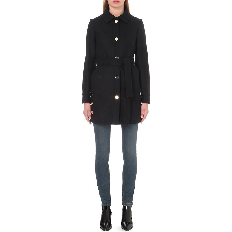 Geny Wool Blend Coat, Women's, Black/Grey - pattern: plain; length: below the bottom; style: single breasted; predominant colour: black; occasions: casual; fit: tailored/fitted; fibres: wool - mix; collar: shirt collar/peter pan/zip with opening; waist detail: belted waist/tie at waist/drawstring; sleeve length: long sleeve; sleeve style: standard; collar break: high; pattern type: fabric; texture group: other - light to midweight; wardrobe: basic; season: a/w 2016