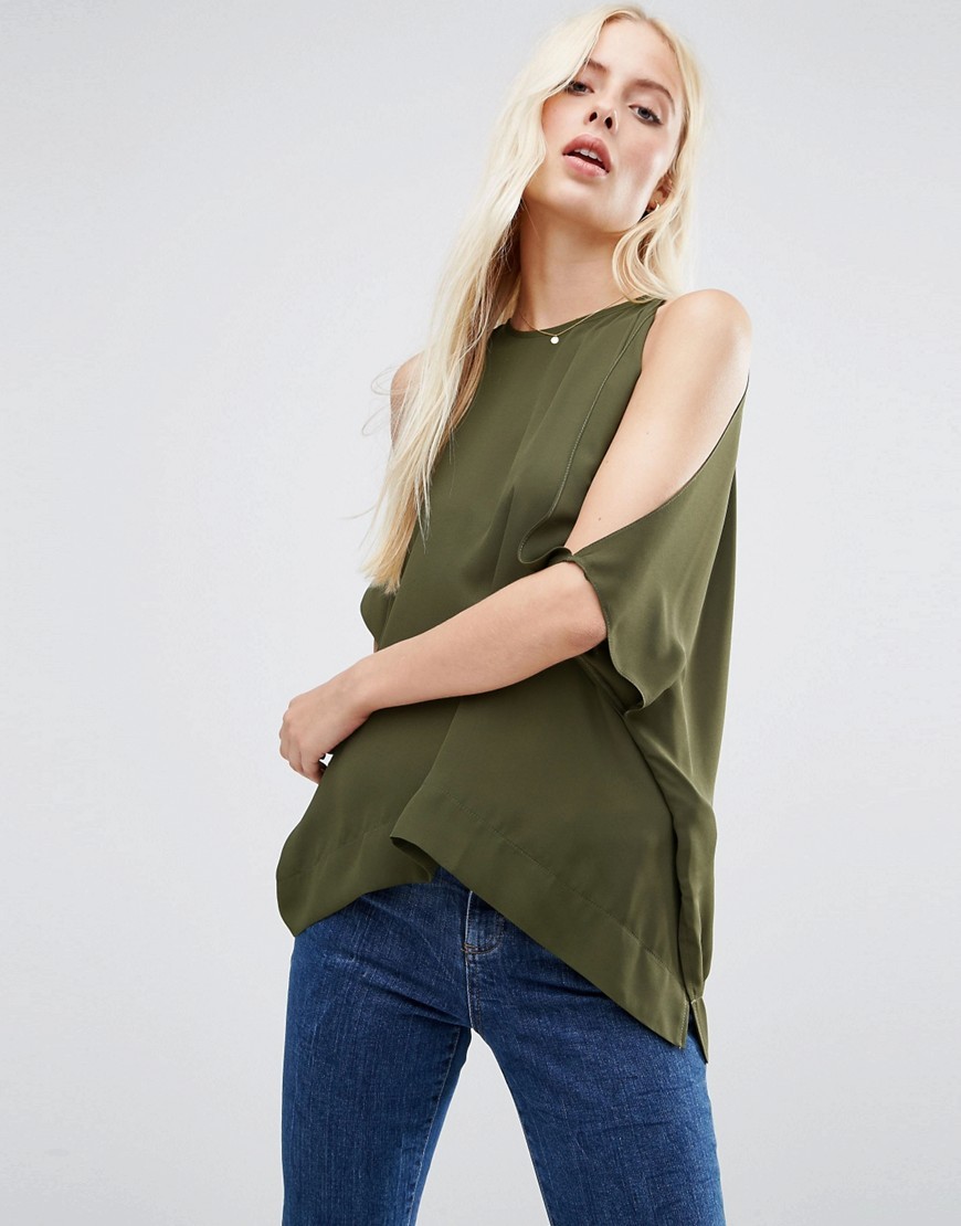 Kimono Tee With Cold Shoulder Khaki - pattern: plain; length: below the bottom; predominant colour: khaki; occasions: casual; style: top; fibres: polyester/polyamide - 100%; fit: loose; neckline: crew; shoulder detail: cut out shoulder; sleeve length: half sleeve; sleeve style: standard; texture group: sheer fabrics/chiffon/organza etc.; pattern type: fabric; season: a/w 2016; wardrobe: highlight