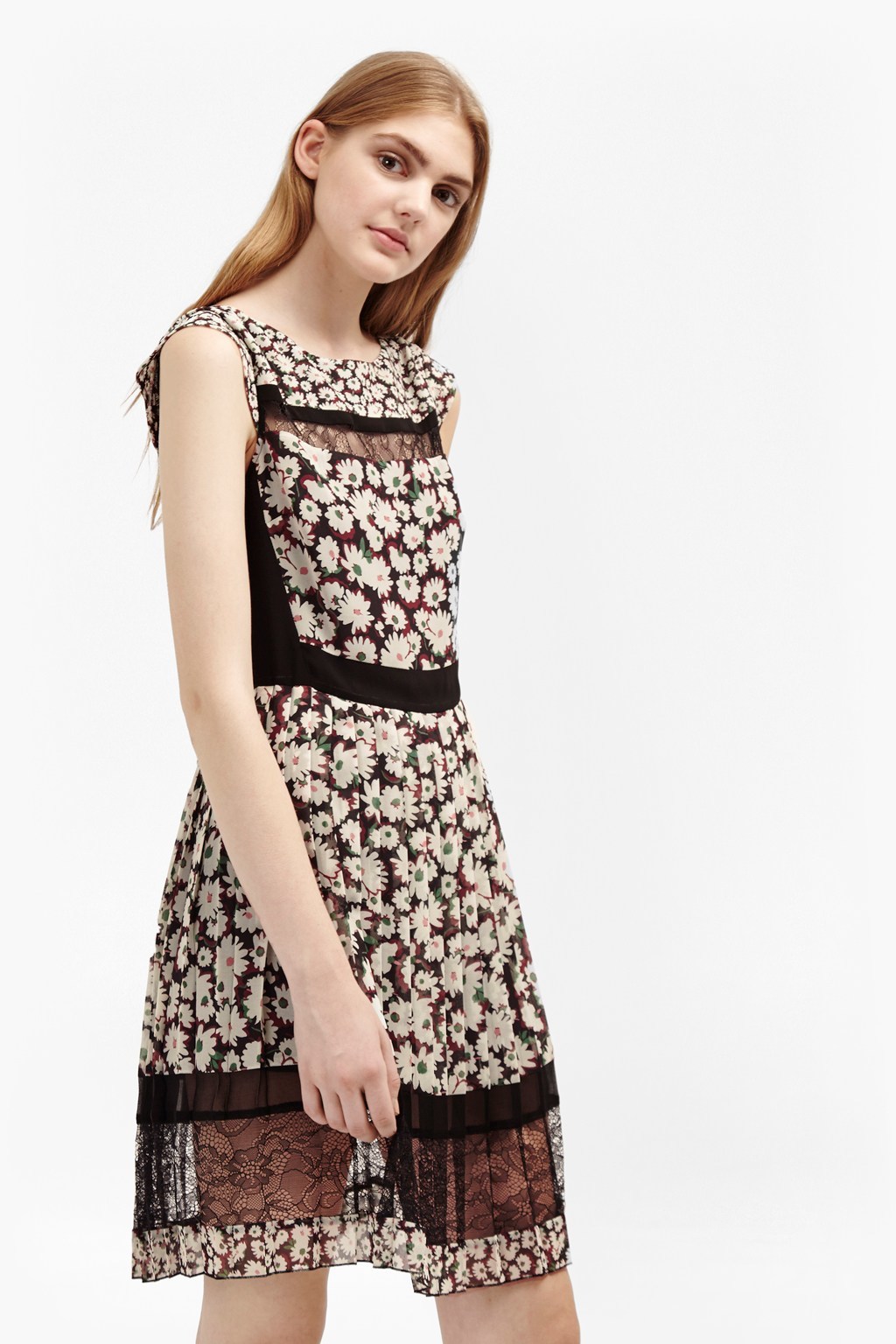 Bloomsbury Daisy Pleated Dress Brule Multi - sleeve style: sleeveless; bust detail: sheer at bust; secondary colour: ivory/cream; predominant colour: black; occasions: evening; length: just above the knee; fit: fitted at waist & bust; style: fit & flare; fibres: polyester/polyamide - 100%; neckline: crew; sleeve length: sleeveless; texture group: sheer fabrics/chiffon/organza etc.; pattern type: fabric; pattern: patterned/print; multicoloured: multicoloured; season: a/w 2016; wardrobe: event