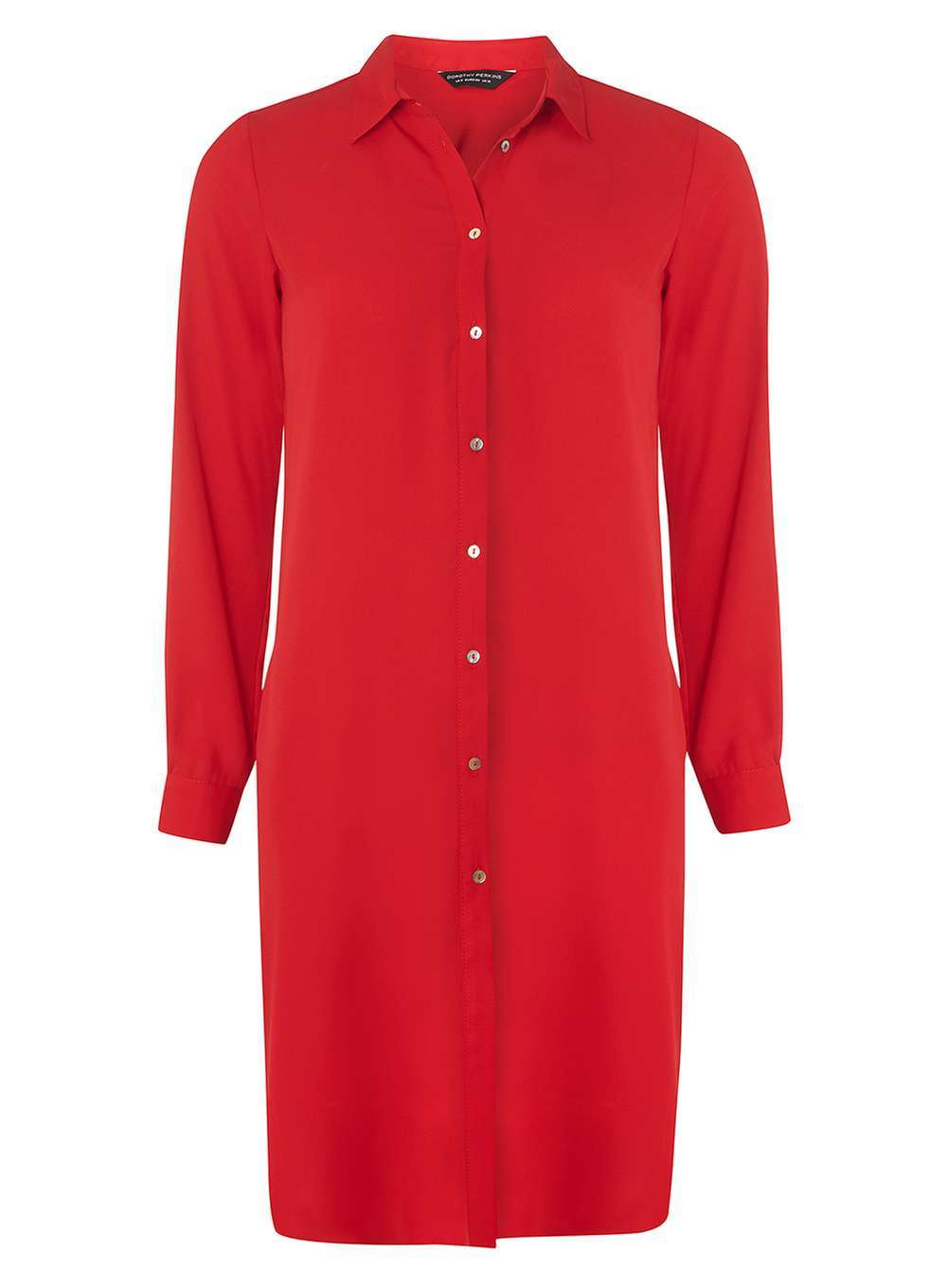 Womens Red Maxi Split Shirt Red - neckline: shirt collar/peter pan/zip with opening; pattern: plain; style: shirt; predominant colour: true red; occasions: casual; fibres: polyester/polyamide - 100%; fit: body skimming; length: mid thigh; sleeve length: long sleeve; sleeve style: standard; pattern type: fabric; texture group: other - light to midweight; season: a/w 2016; wardrobe: highlight