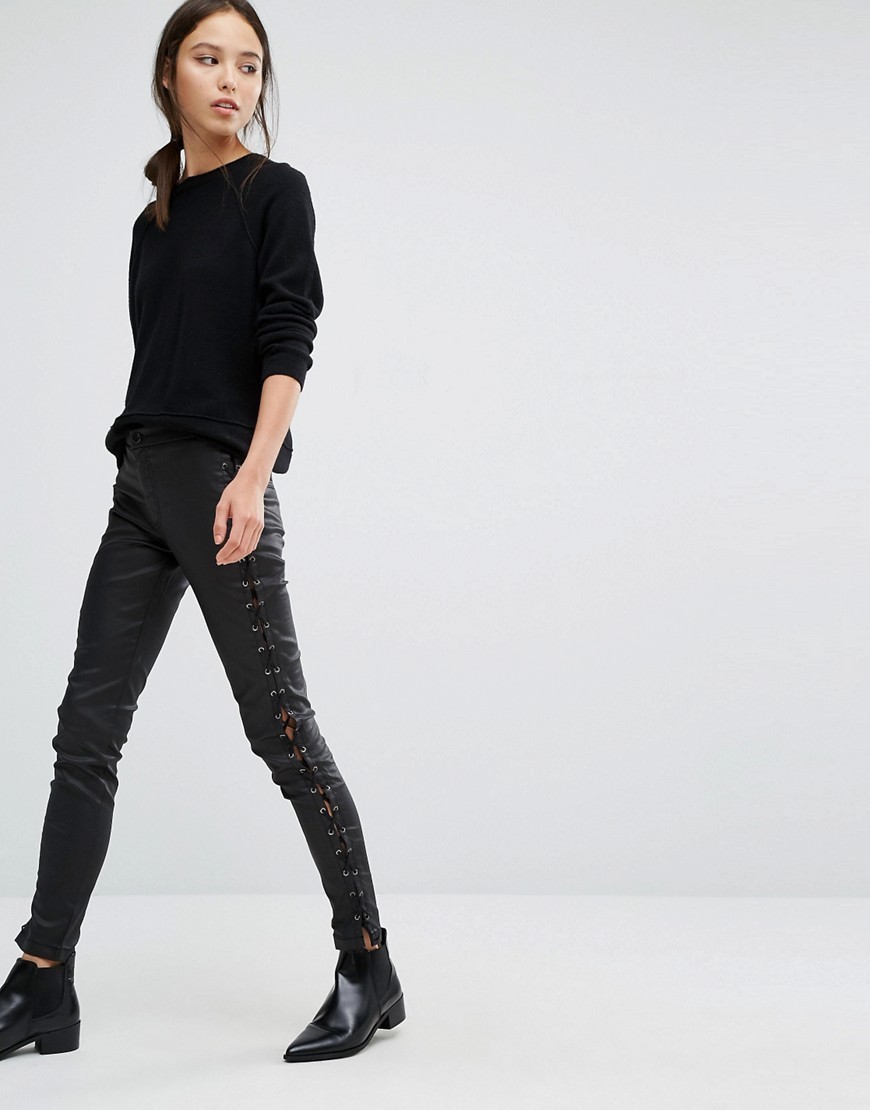 Leather Look Lace Up Trousers Black - length: standard; pattern: plain; waist: mid/regular rise; predominant colour: black; occasions: casual, creative work; fibres: polyester/polyamide - 100%; texture group: leather; fit: skinny/tight leg; pattern type: fabric; style: standard; season: a/w 2016; wardrobe: highlight