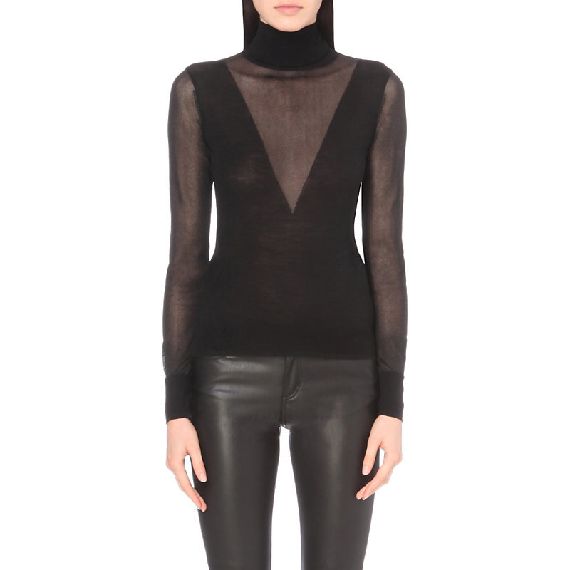 Marush Semi Sheer Turtleneck Jumper, Women's, Size: Large, Black - pattern: plain; bust detail: sheer at bust; neckline: roll neck; style: standard; predominant colour: black; occasions: evening; length: standard; fibres: wool - mix; fit: tight; sleeve length: long sleeve; sleeve style: standard; texture group: knits/crochet; pattern type: fabric; shoulder detail: sheer at shoulder; season: a/w 2016; wardrobe: event