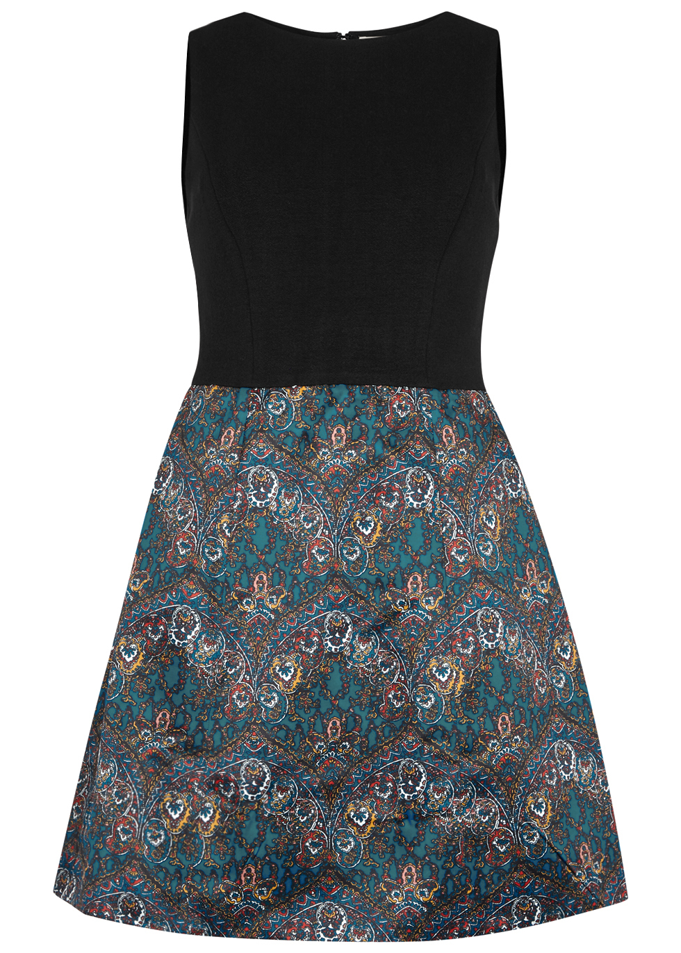 Alejandra Printed Satin And Crepe Mini Dress - sleeve style: sleeveless; secondary colour: turquoise; predominant colour: black; occasions: evening; length: just above the knee; fit: fitted at waist & bust; style: fit & flare; fibres: viscose/rayon - stretch; neckline: crew; sleeve length: sleeveless; texture group: structured shiny - satin/tafetta/silk etc.; pattern type: fabric; pattern: patterned/print; multicoloured: multicoloured; season: a/w 2016; wardrobe: event