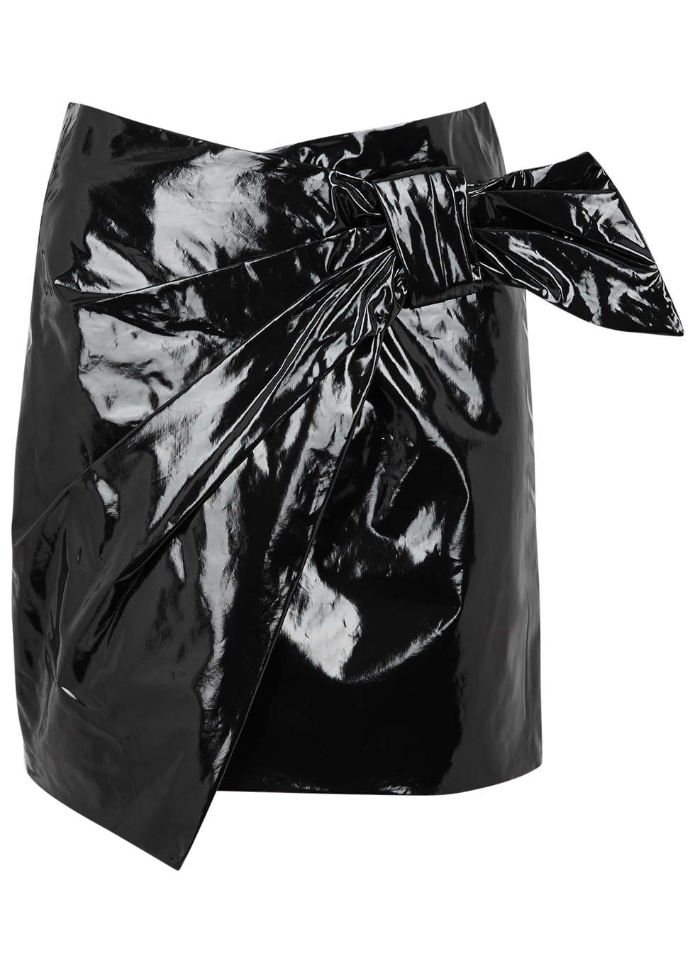 Anders Black Patent Mini Skirt - length: mid thigh; pattern: plain; fit: tailored/fitted; waist detail: belted waist/tie at waist/drawstring; waist: mid/regular rise; predominant colour: black; occasions: evening; style: mini skirt; fibres: polyester/polyamide - 100%; hip detail: adds bulk at the hips; texture group: leather; pattern type: fabric; embellishment: bow; season: a/w 2016; wardrobe: event; embellishment location: hip