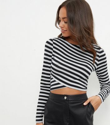 White Stripe Wrap Front Top - pattern: horizontal stripes; length: cropped; predominant colour: white; secondary colour: black; occasions: casual; style: top; fibres: polyester/polyamide - stretch; fit: body skimming; neckline: crew; back detail: longer hem at back than at front; sleeve length: long sleeve; sleeve style: standard; pattern type: fabric; pattern size: standard; texture group: jersey - stretchy/drapey; multicoloured: multicoloured; wardrobe: basic; season: a/w 2016