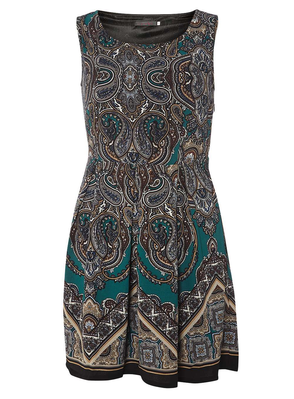 Womens **Tenki Green Paisley Skater Dress Green - neckline: round neck; sleeve style: sleeveless; secondary colour: emerald green; predominant colour: light grey; occasions: evening; length: just above the knee; fit: fitted at waist & bust; style: fit & flare; fibres: polyester/polyamide - 100%; sleeve length: sleeveless; pattern type: fabric; pattern: patterned/print; texture group: jersey - stretchy/drapey; multicoloured: multicoloured; season: a/w 2016; wardrobe: event