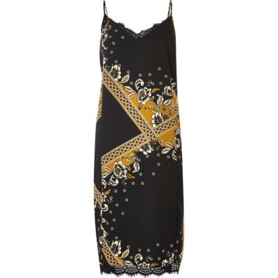Womens Black Print Lace Midi Slip Dress - length: calf length; neckline: v-neck; sleeve style: sleeveless; secondary colour: mustard; predominant colour: black; occasions: evening; fit: body skimming; style: slip dress; fibres: polyester/polyamide - 100%; sleeve length: sleeveless; texture group: sheer fabrics/chiffon/organza etc.; pattern type: fabric; pattern: patterned/print; embellishment: lace; multicoloured: multicoloured; season: a/w 2016; wardrobe: event; embellishment location: bust, hem