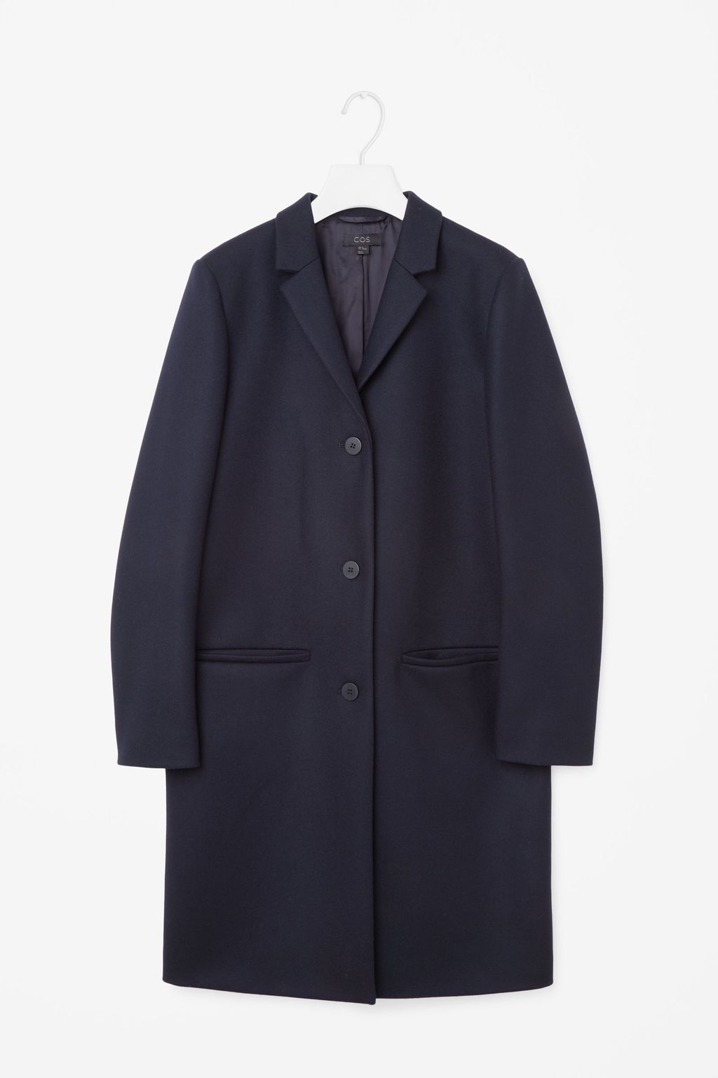 Tailored Wool Coat - pattern: plain; style: single breasted; collar: standard lapel/rever collar; length: mid thigh; predominant colour: navy; occasions: work; fit: tailored/fitted; fibres: wool - mix; sleeve length: long sleeve; sleeve style: standard; collar break: medium; pattern type: fabric; texture group: woven bulky/heavy; wardrobe: investment; season: a/w 2016