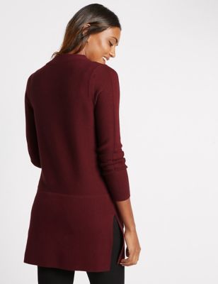 Cotton Blend 2 Pocket Tunic Jumper - pattern: plain; neckline: wide roll/funnel neck; style: tunic; predominant colour: burgundy; occasions: casual, creative work; fibres: cotton - mix; fit: standard fit; length: mid thigh; sleeve length: long sleeve; sleeve style: standard; texture group: knits/crochet; pattern type: knitted - fine stitch; season: a/w 2016; wardrobe: highlight
