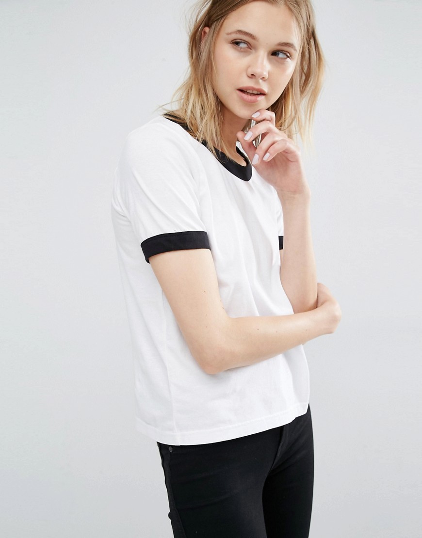 Ringer T Shirt White - pattern: plain; style: t-shirt; predominant colour: white; secondary colour: black; occasions: casual; length: standard; fibres: cotton - 100%; fit: body skimming; neckline: crew; sleeve length: short sleeve; sleeve style: standard; pattern type: fabric; texture group: jersey - stretchy/drapey; multicoloured: multicoloured; wardrobe: basic; season: a/w 2016