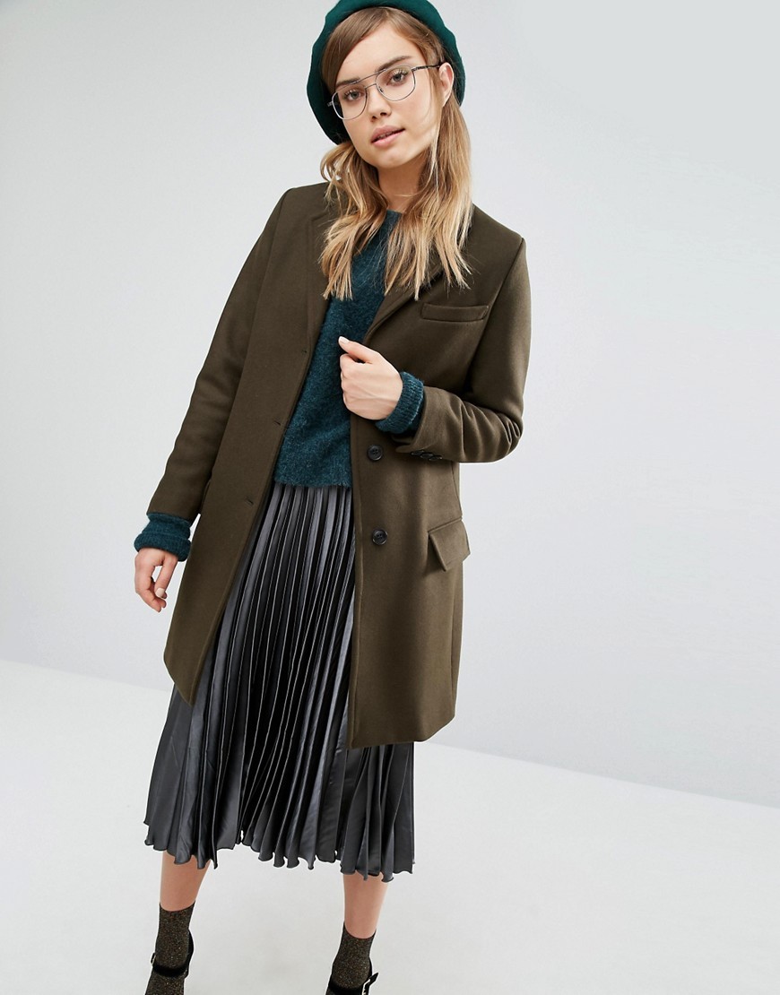Classic Chesterfield Coat Khaki - pattern: plain; style: single breasted; collar: standard lapel/rever collar; length: mid thigh; predominant colour: khaki; occasions: casual; fit: tailored/fitted; fibres: wool - mix; sleeve length: long sleeve; sleeve style: standard; collar break: medium; pattern type: fabric; texture group: woven light midweight; wardrobe: basic; season: a/w 2016