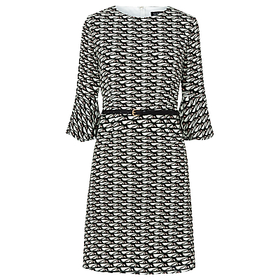 Leila Geometric Heart Print Dress, Multi - style: shift; sleeve style: trumpet; waist detail: belted waist/tie at waist/drawstring; secondary colour: white; predominant colour: black; occasions: evening, creative work; length: just above the knee; fit: body skimming; fibres: polyester/polyamide - 100%; neckline: crew; sleeve length: 3/4 length; pattern type: fabric; pattern: patterned/print; texture group: jersey - stretchy/drapey; multicoloured: multicoloured; season: a/w 2016; wardrobe: highlight