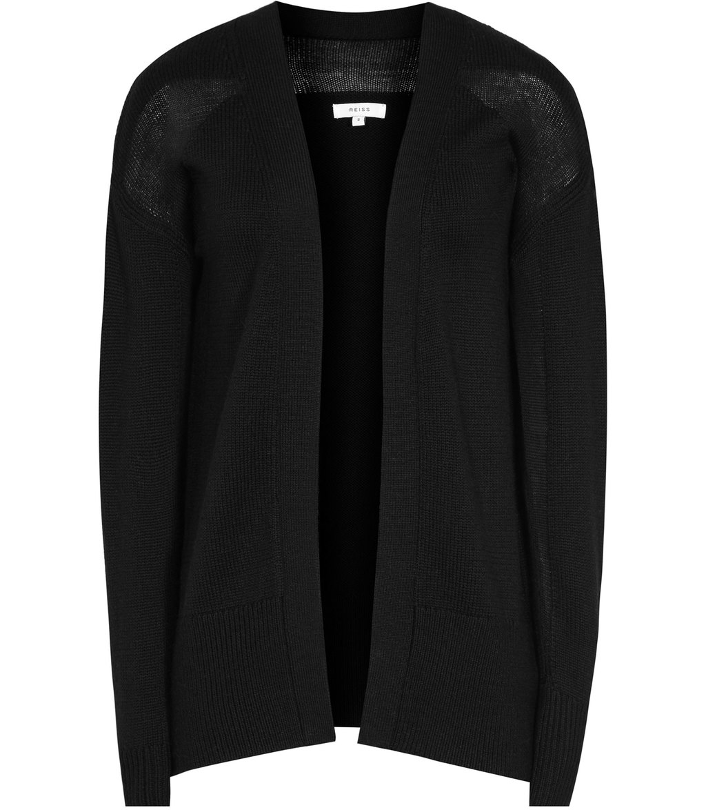 Dexie Womens Sheer Detail Cardigan In Black - pattern: plain; neckline: collarless open; style: open front; predominant colour: black; occasions: casual; length: standard; fibres: wool - 100%; fit: loose; sleeve length: long sleeve; sleeve style: standard; texture group: knits/crochet; pattern type: knitted - other; wardrobe: basic; season: a/w 2016