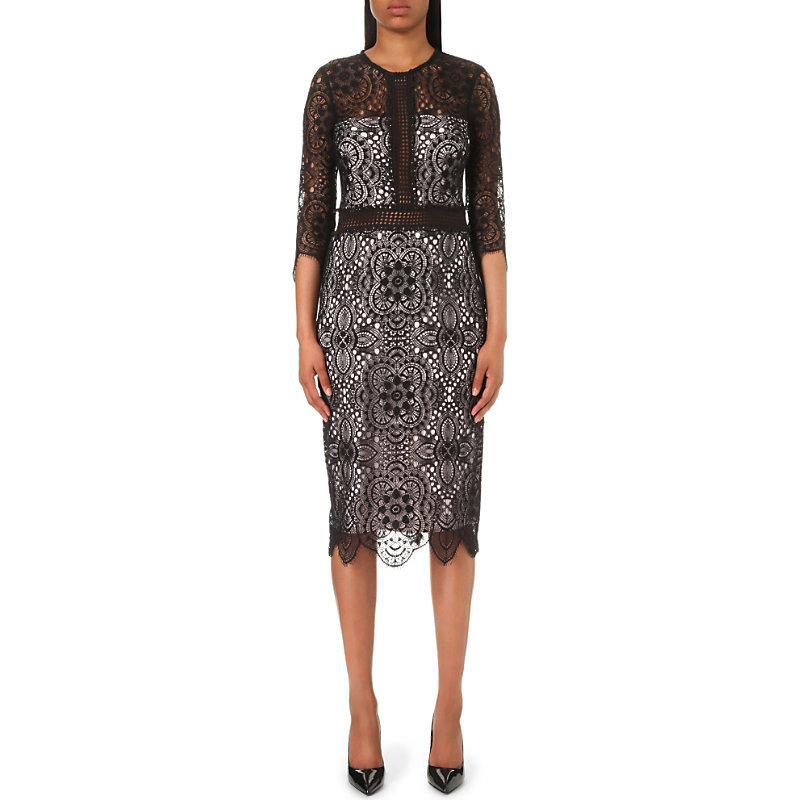 Embroidered Lace Cotton Dress, Women's, Size: Small, Black - style: shift; length: below the knee; fit: tailored/fitted; secondary colour: white; predominant colour: black; occasions: evening; fibres: cotton - 100%; neckline: crew; sleeve length: 3/4 length; sleeve style: standard; texture group: lace; pattern type: fabric; pattern: patterned/print; multicoloured: multicoloured; season: a/w 2016; wardrobe: event