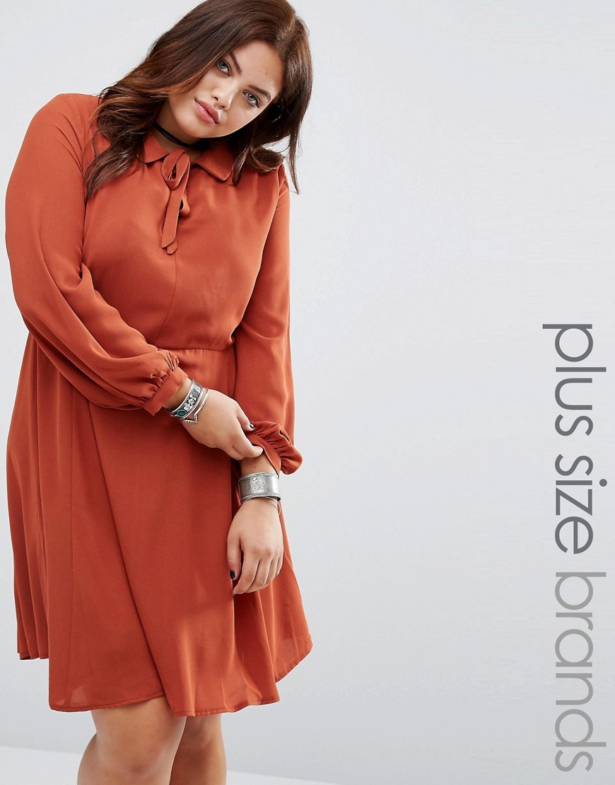 Collared Pussy Bow Dress Rust - style: shirt; pattern: plain; neckline: pussy bow; predominant colour: terracotta; occasions: evening; length: just above the knee; fit: body skimming; fibres: polyester/polyamide - 100%; sleeve length: long sleeve; sleeve style: standard; texture group: sheer fabrics/chiffon/organza etc.; pattern type: fabric; season: a/w 2016; wardrobe: event