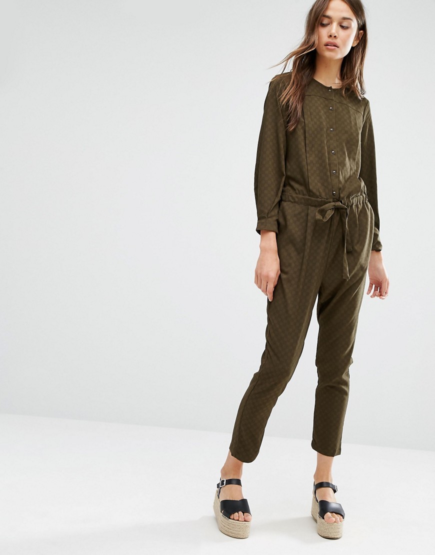 Pleat Jumpsuit Khaki - pattern: plain; waist detail: belted waist/tie at waist/drawstring; predominant colour: khaki; occasions: casual, evening; length: ankle length; fit: body skimming; neckline: crew; sleeve length: long sleeve; sleeve style: standard; style: jumpsuit; pattern type: fabric; texture group: woven light midweight; fibres: viscose/rayon - mix; season: a/w 2016; wardrobe: highlight
