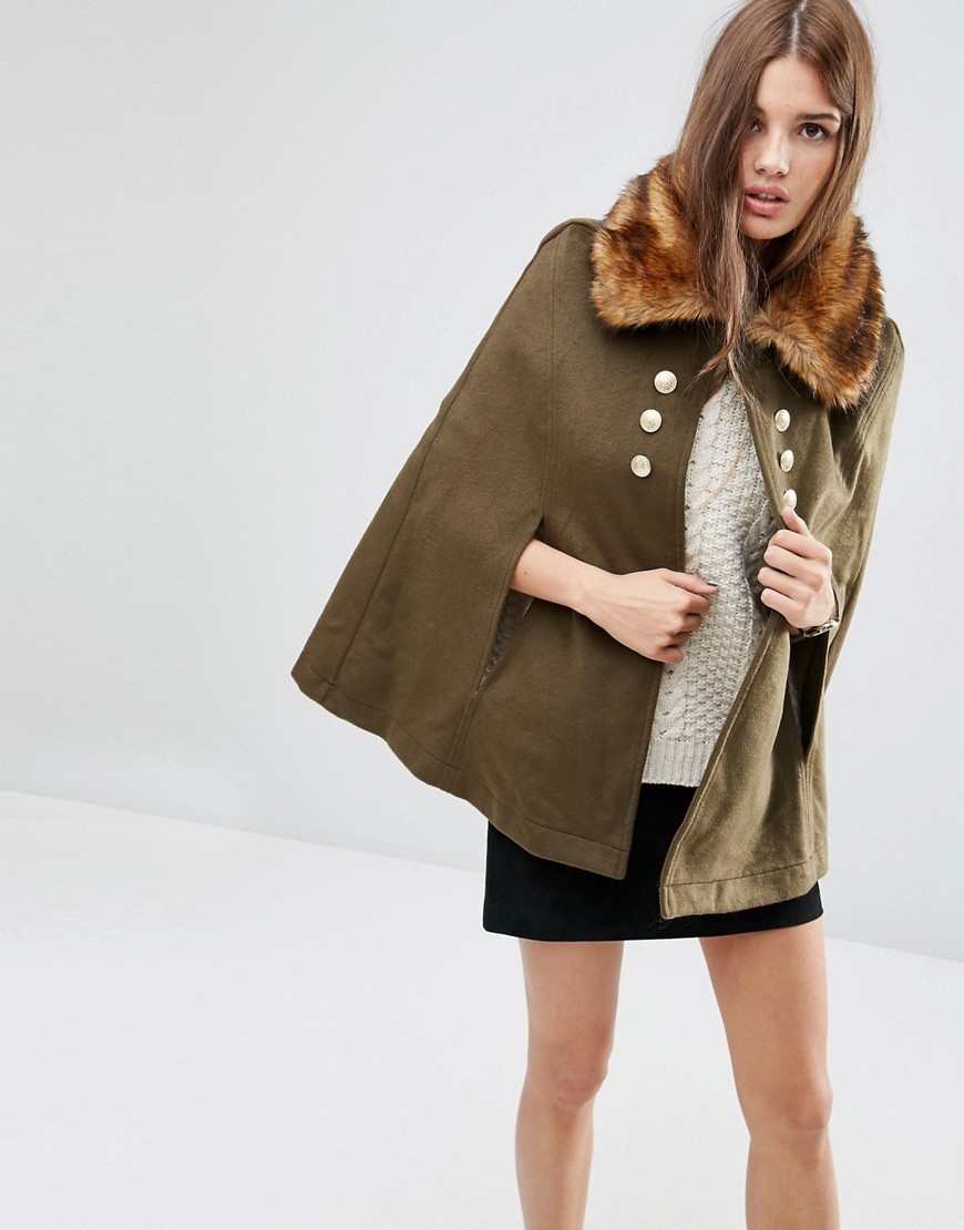 Military Cape With Faux Fur Collar Multi - pattern: plain; length: standard; fit: loose; style: cape; predominant colour: khaki; occasions: casual; fibres: polyester/polyamide - stretch; sleeve length: 3/4 length; collar: fur; collar break: high; pattern type: fabric; texture group: woven bulky/heavy; embellishment: fur; sleeve style: cape/poncho sleeve; season: a/w 2016; wardrobe: highlight