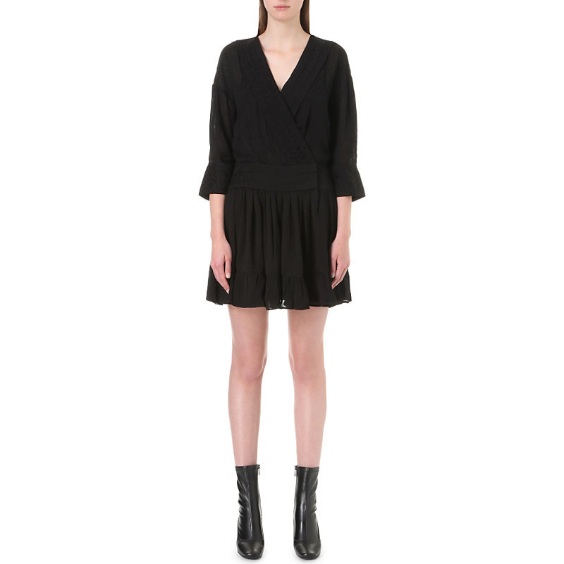 Obi Crepe Dress, Women's, Size: M, Noir - style: faux wrap/wrap; length: mid thigh; neckline: v-neck; pattern: plain; sleeve style: trumpet; predominant colour: black; occasions: evening; fit: body skimming; fibres: viscose/rayon - 100%; hip detail: subtle/flattering hip detail; sleeve length: 3/4 length; texture group: crepes; pattern type: fabric; season: a/w 2016; wardrobe: event